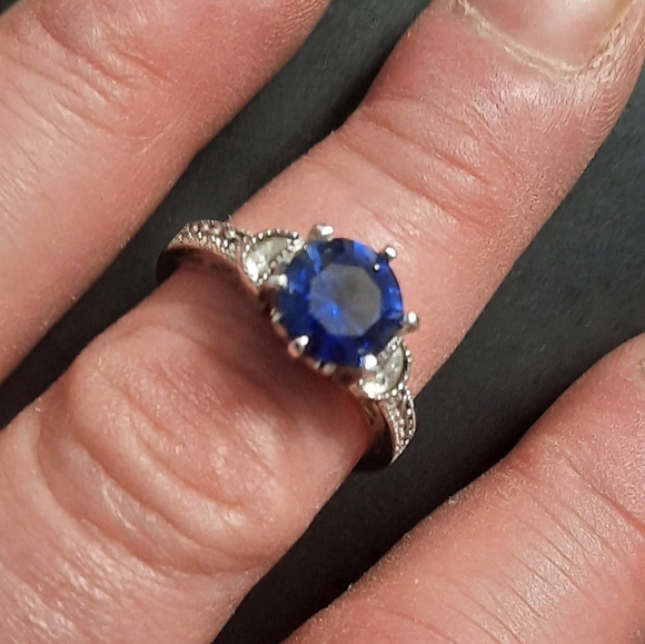 Sterling Silver 925 Ring Lab Created Engagement Sapphire Vintage Sz 8 - Picture 4 of 11